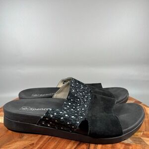 Spenco Womens Black Suede Calf Hair Polka Dot Slide Sandals Size 8B Orthotic